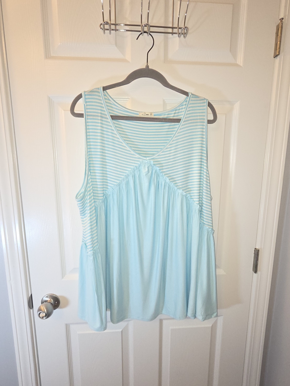 Sleeveless Striped Yoke Tank Top in Light Blue Women's 2x